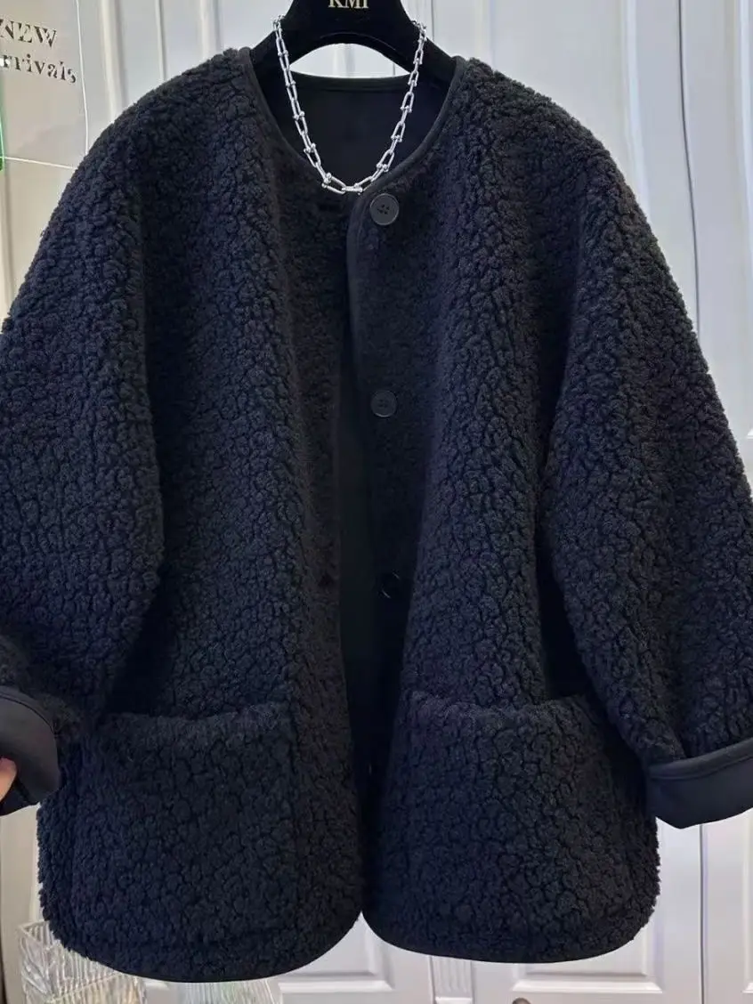 Elegant Thickened Lamb Fur Coat Women's Loose Warm Long Woolen Jacket Black Color Full Sleeve round Neck Single Button Closure