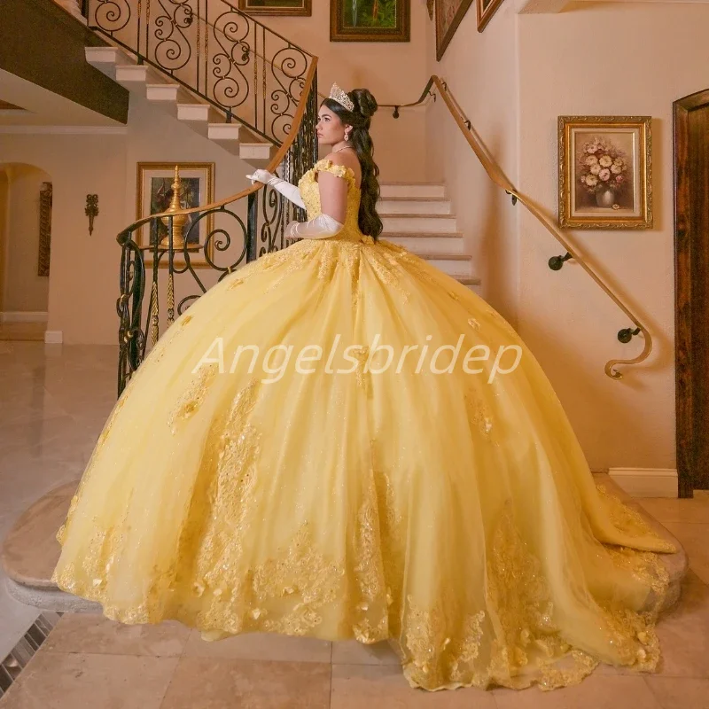 Angelsbridep personalizado vestido de baile amarelo quinceanera vestidos 2025 com apliques 3d doce 16 vestido de noite vestidos de fiesta