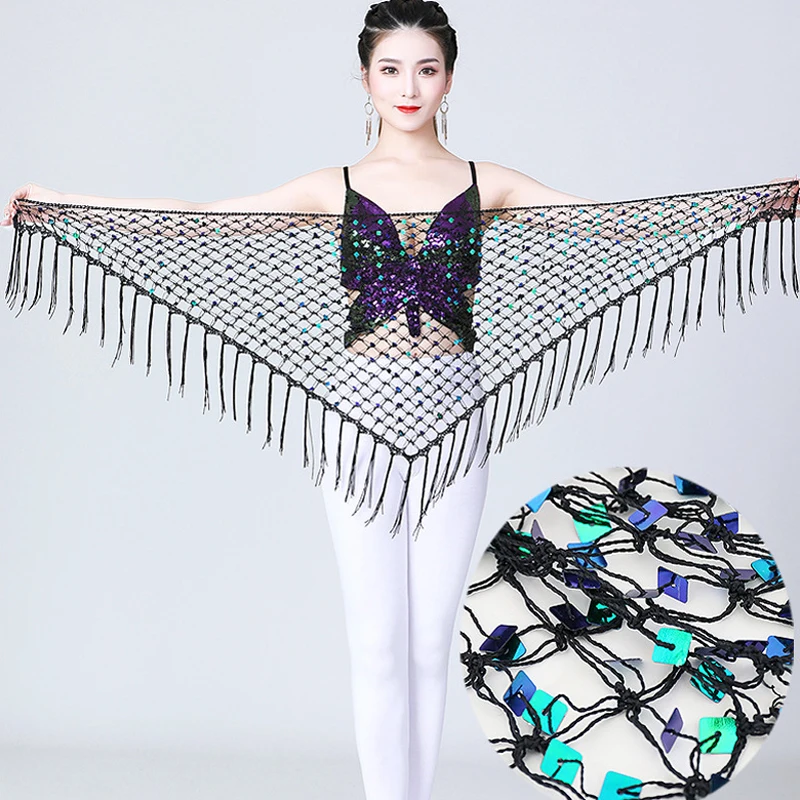 손의 삼각형 크로 셰 뜨개질 밸리 댄스 엉덩이 스카프 스팽글 벨트 밸리 댄스 엉덩이 스카프 밸리 댄스 액세서리 긴 술 벨트