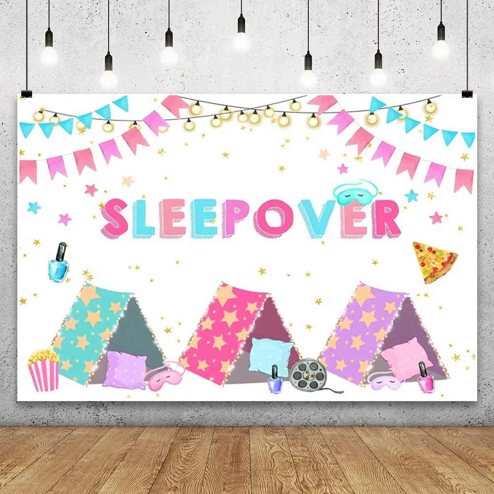 Laeacco Sleepover Party Backdrop Sleepover Pajamas Pillow Fight Pink Girl Party Decor Portrait Customized Photography Background