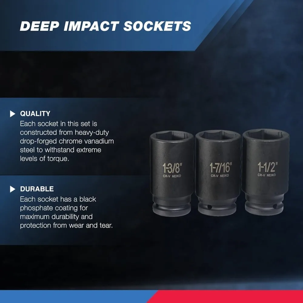 3/4 Inch Drive Impact Socket Set SAE 1 Inch to 1-1/2 Inch 8PC Deep Jumbo Sockets Chrome Vanadium