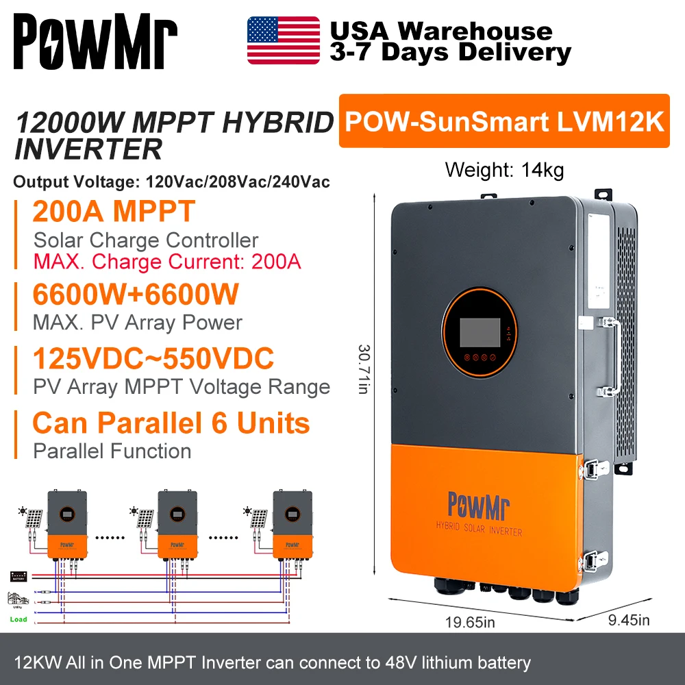PowMr US 12KW 48V سبليت المرحلة العاكس للطاقة الشمسية 120Vac/208Vac/240Vac الناتج بناء في وحدة تحكم MPPT 200A ومدخل WI-FI Max PV 550Vdc