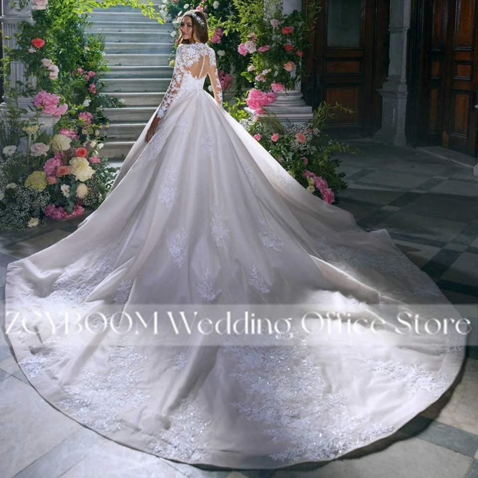 Elegant Champagne High Neck Illusion Long Sleeves Wedding Dresses 2026 Tulle Appliques Bride Gown Chapel Train Vestidos De Novia