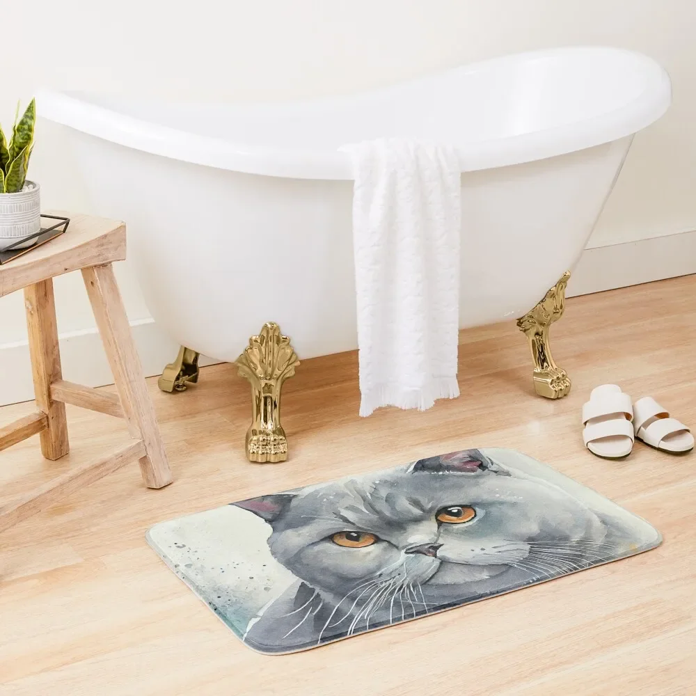 British Shorthair Cat V1 - Watercolor paint Bath Mat Anti-Slip Carpet Bathtub Carpet Bathroom Absorbent Quick Dry Hallways Mat