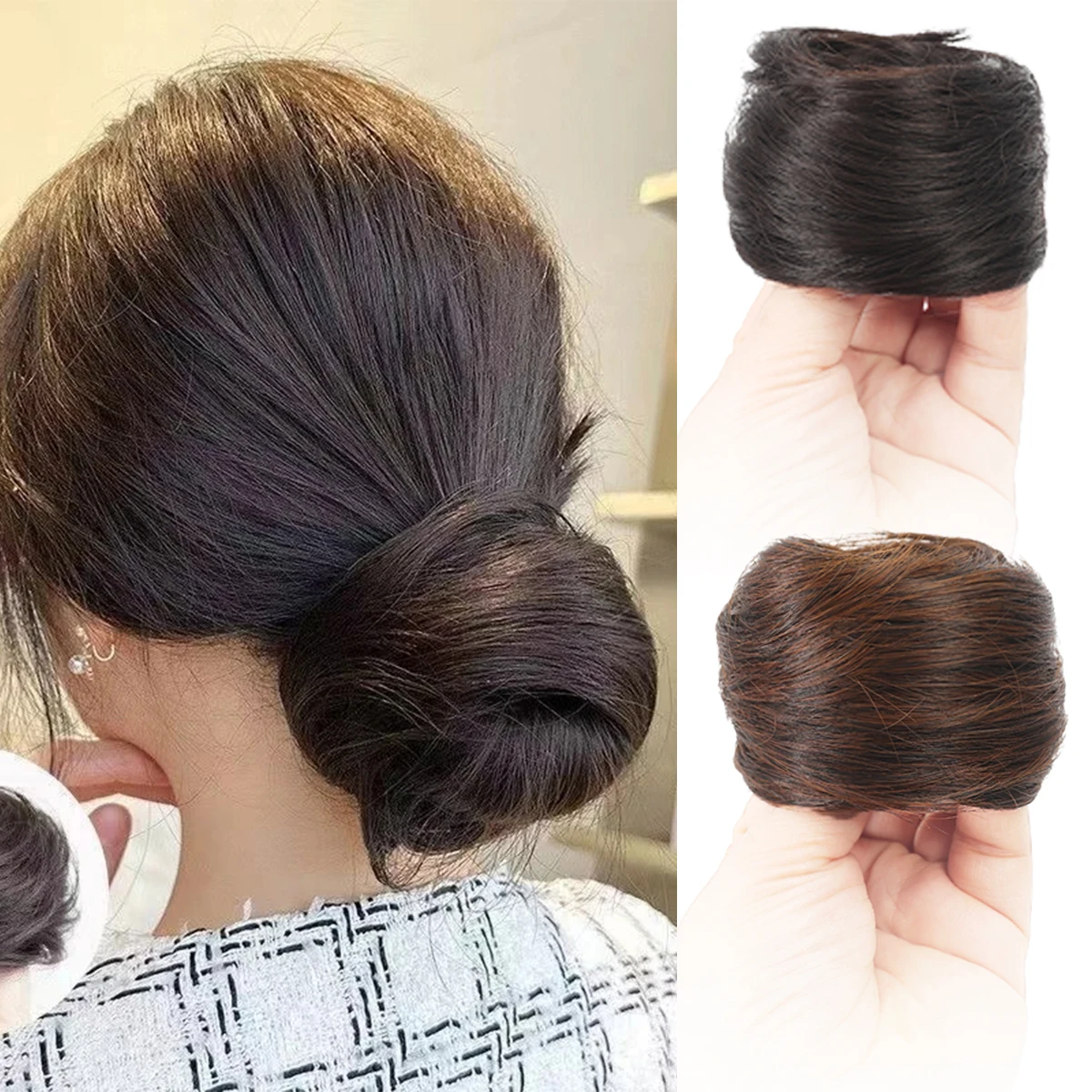 Cabelo reto sintético bola cabeça peruca bun mulher rabo de cavalo anel de cabelo alta elástica faixa de borracha usar peruca chignon