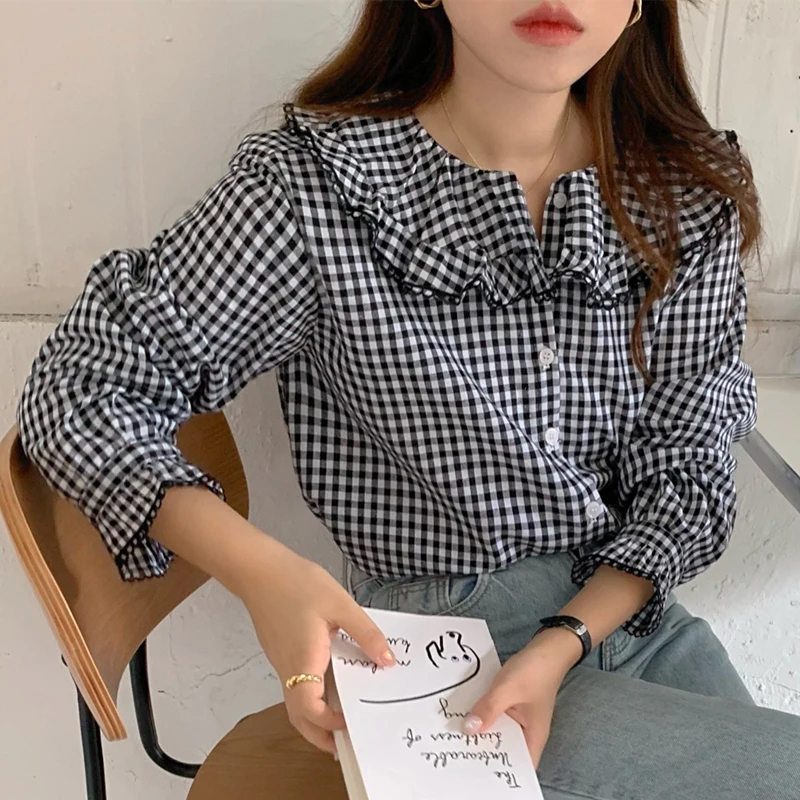 

Korean Style Early Autumn Vintage Plaid Ruffle Collar Long Sleeve Women's Shirt Loose Design Commute Style round Neck Button up