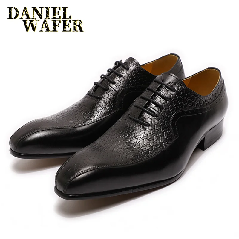 Luxury Brand Men\'s Oxford Formal Shoes Black Brown Pointed Toe Lace Up Office Business Wedding Genuine Leather Shoes for Men