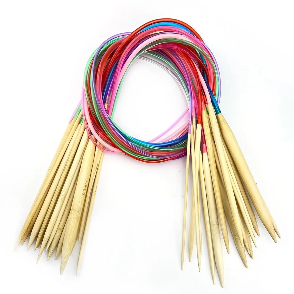 

Набор из 18 пар бамбуковых круговых спиц для вязания с цветными пластиковыми ручками, размеры 2-10 мм
