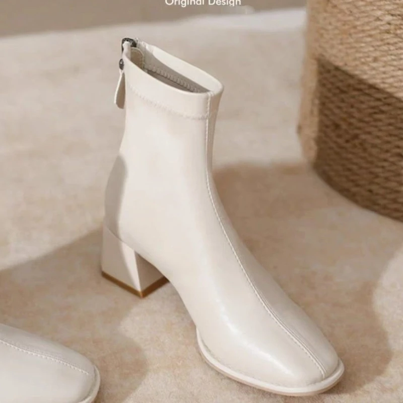 Women's Head Boots Thick Heel Zipper Retro Boots Women's Autumn and Winter Fashion Shoes Simple Women's Ankle Boots