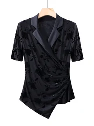 2026 Women's Black Jacquard Wrap Crop Top | Short Sleeve V-Neck Blouse | Elegant Office & Party Wear