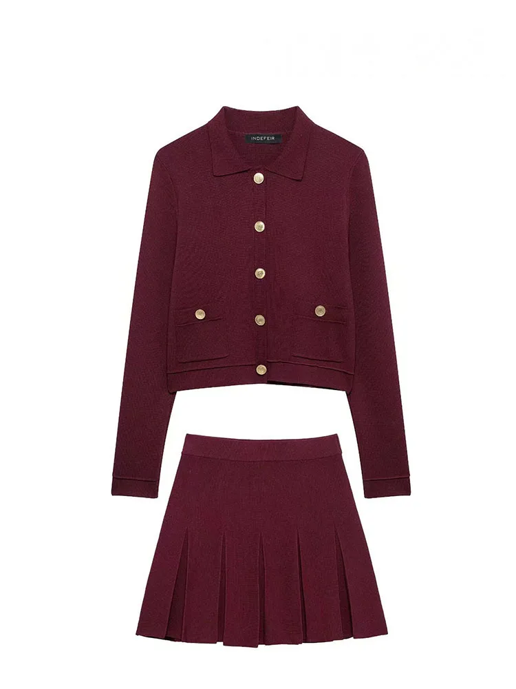 HH Conjunto de 2 piezas para mujer, manga larga, solapa, un solo pecho, bolsillo, decorar, cárdigan de punto informal + minifalda con cintura elástica