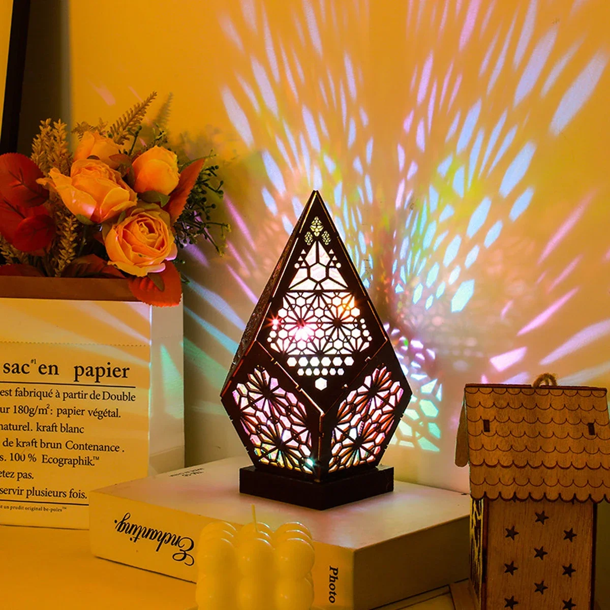 

Wooden Bohemian Floor Lamp, USB Hollow Geometric Colorful Lights Vintage Bohemian Lamp, LED Colorful Diamond Lights 3D Projectio