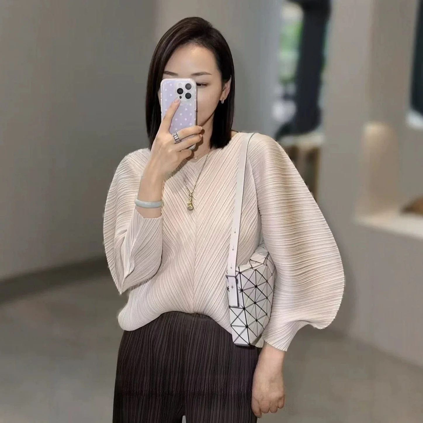 Miyake Pleated Women Beige Pleated Batwing Top, Loose Dolman Sleeve Blouse, Round Neck Casual Shirt
