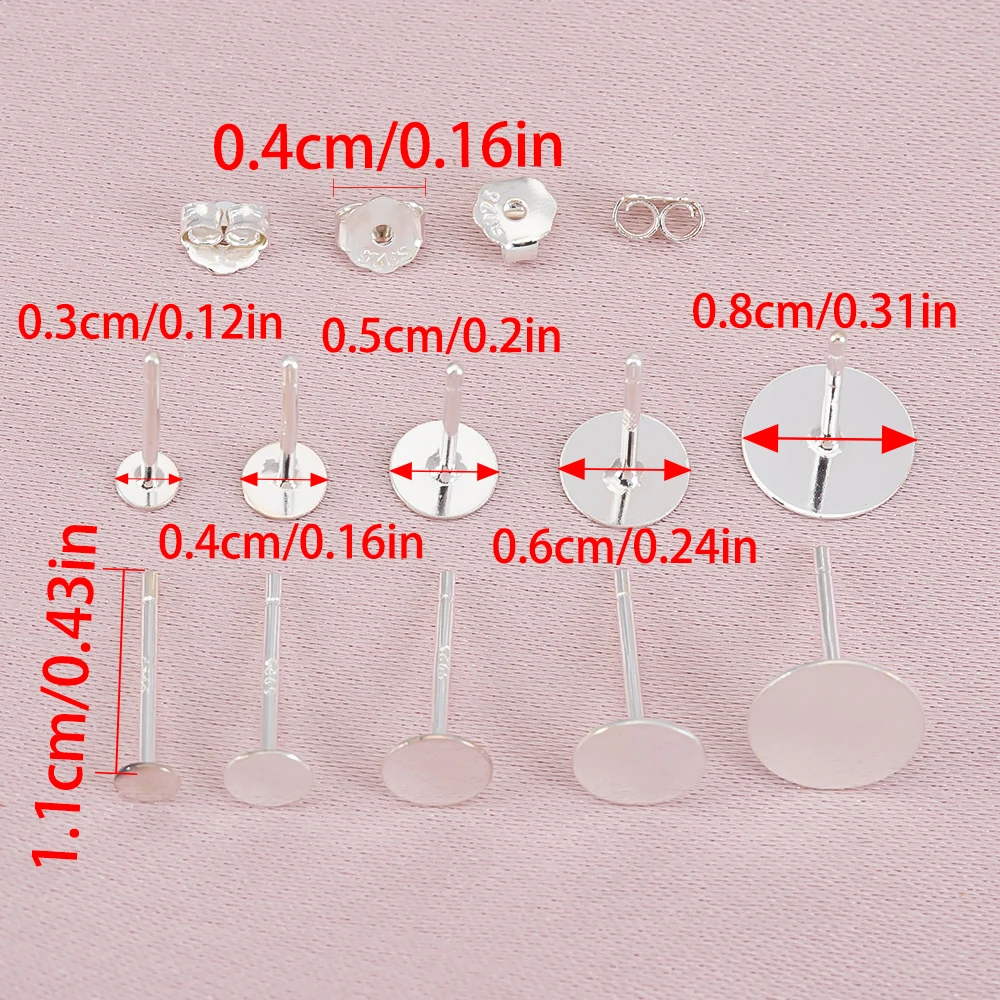 20pcs 100% Real 925 Sterling Silver Earring Post Stud Pins Base With Earring Backs 4 5 6 8mm Cabochon Setting For Jewelry Making