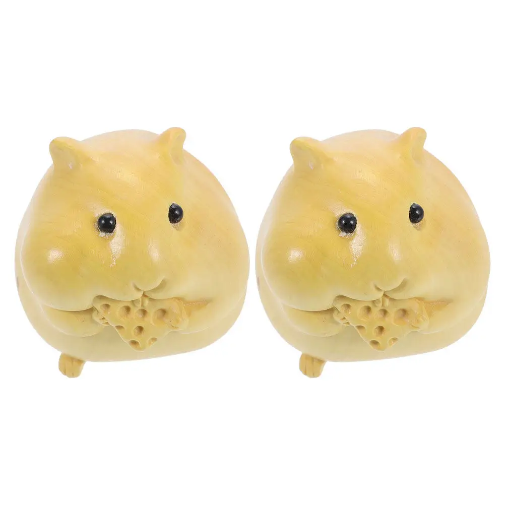 2Pcs Hand Carved Boxwood Hamster Ornament Cute Desktop Bookshelf Decor Handmade Wooden Animal Sculpture Miniature Home Office