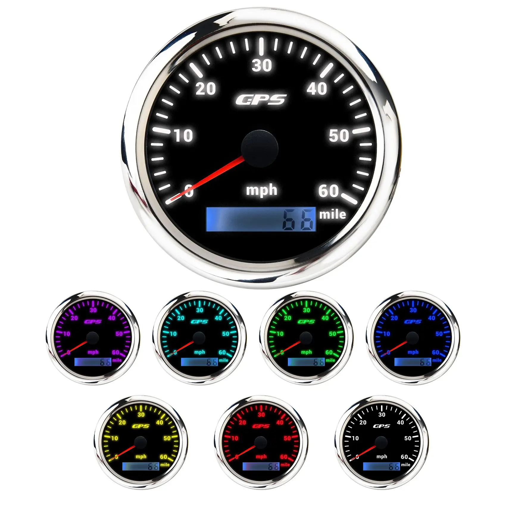 85MM GPS Marine Speedometer 0-60/Mile Tachometer with 7-Color Backlight Odometer for Boats Yachts Marine Silver +