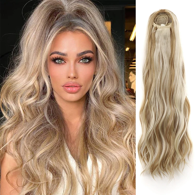 

24 Inch Long Body Wave Ponytail Hair Extension Synthetic Wrap Around Drawstring Curly Wavy Clip In Ponytail for Women Mix Blonde