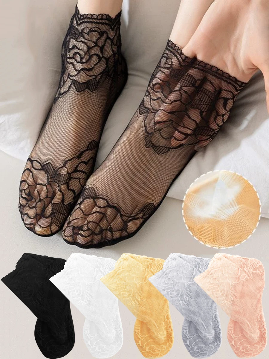 

5 Pairs Of Summer Women's Thin Breathable Lightweight Sweat Absorbing Rose Lace Stockings
