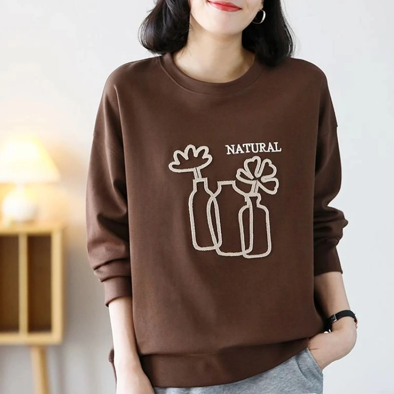 New Spring and Autumn Women\'s Solid Color O-Neck Long Sleeve Loose Printed Classic Pullovers Trendy Comfortable Commute Tops