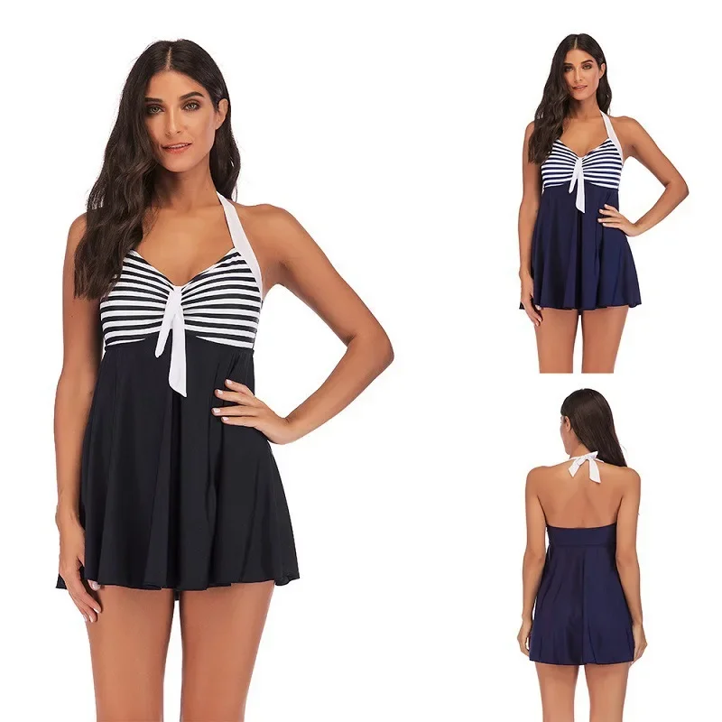 Plus Size Vintage Bathing Suit Two Piece Swim Wear with Dress Halter Tankini Swimsuits Women Striped Push-up Beachwear Shorts