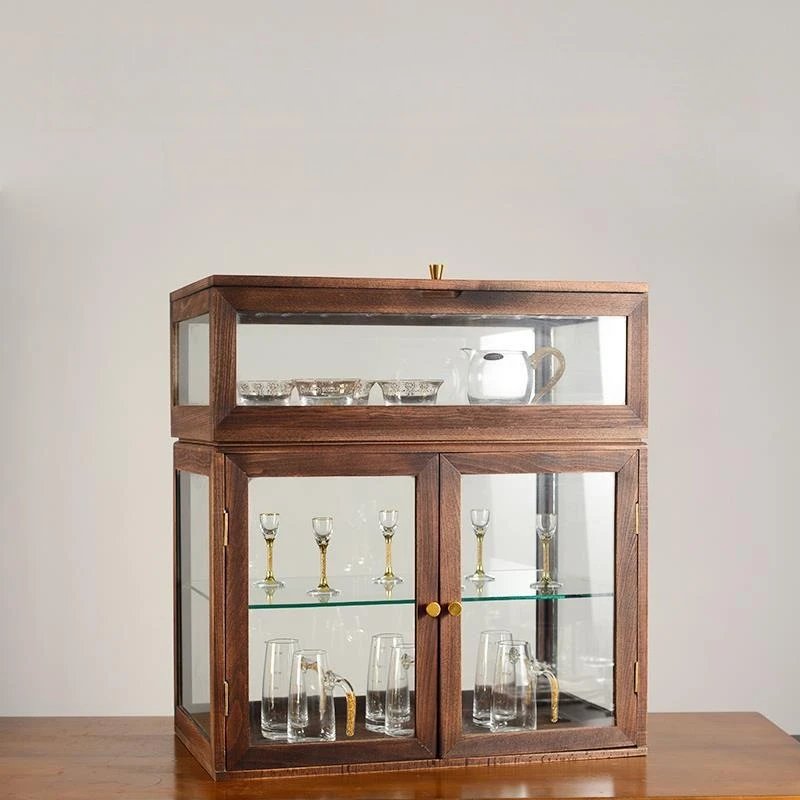Black walnut solid wood wine set storage glass wooden case crystal Baijiu cup wine dispenser set small display case
