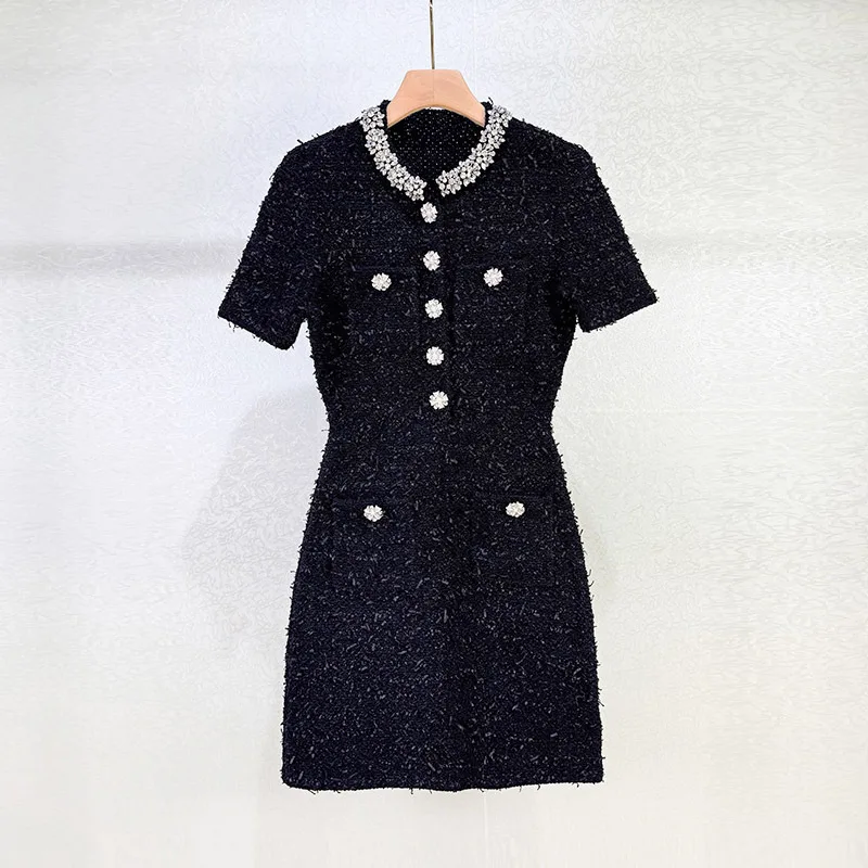 

【Gift Free】High Quality Exquisite Socialite-Style High-End Round-Neck Rhinestone Embellished Short-Sleeve Knit Bodycon Dress