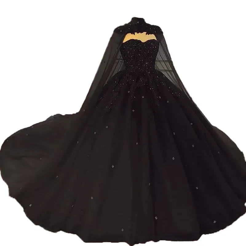 Ball Gown Princess Evening Night Dresses Cape Sweetheart Beaded Lace Tulle Prom Formal Party Gowns Wedding فساتين السه Quinceane