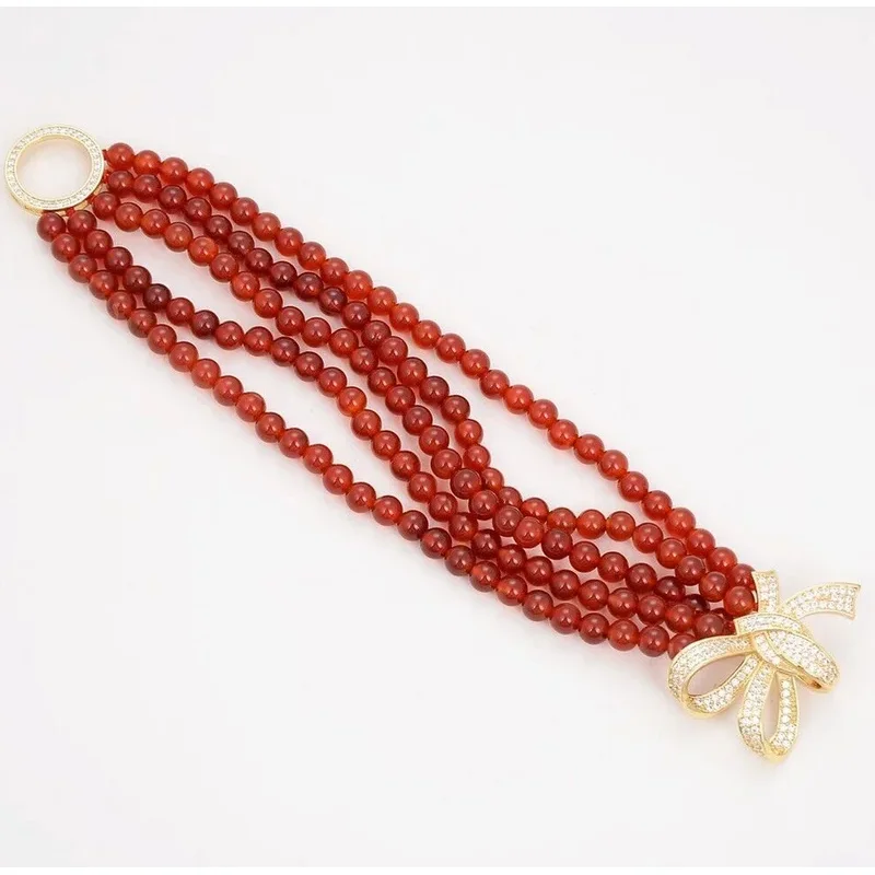 New Jewelry Bracelet  Natural Stone 8'' 5Strands Round Red Agate Carnelian CZ Flower Bracelet Lady Gif