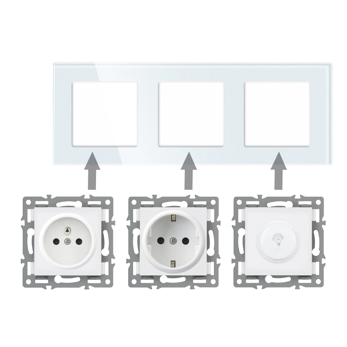 Switch Panel Light Tempered Glass Wall Socket With French EU Standard USB TV RJ45 RJ11 DIY Switch White Color