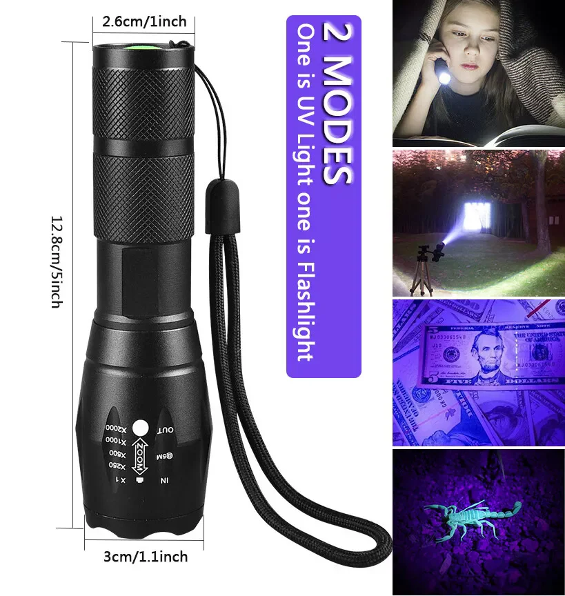 2 IN 1 UV Flashlight Purple White Dual Light 395nm Ultraviolet Torch Zoom Flashlight Detection Lighting Lamp for Pet Stains