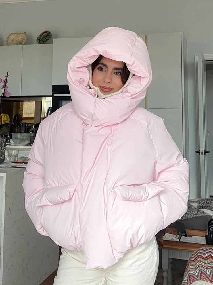 

2025 New Autumn Winter Ladies Outwear Casual Hooded Padded Jacket Women's Loose Full Sleeves Zipper Pockets Stand Collar Coats