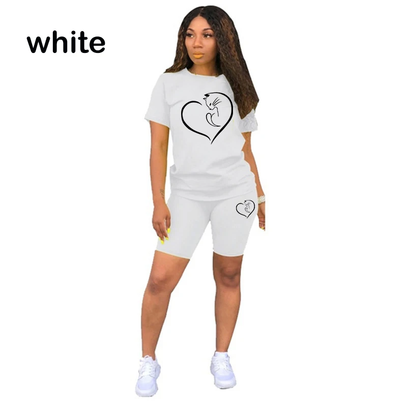 Casual Two-Piece Set for Women, Monochrome Tracksuit, Short Sleeve Tee Top, Biker Shorts, Above Knee Pants Suit, Outfits