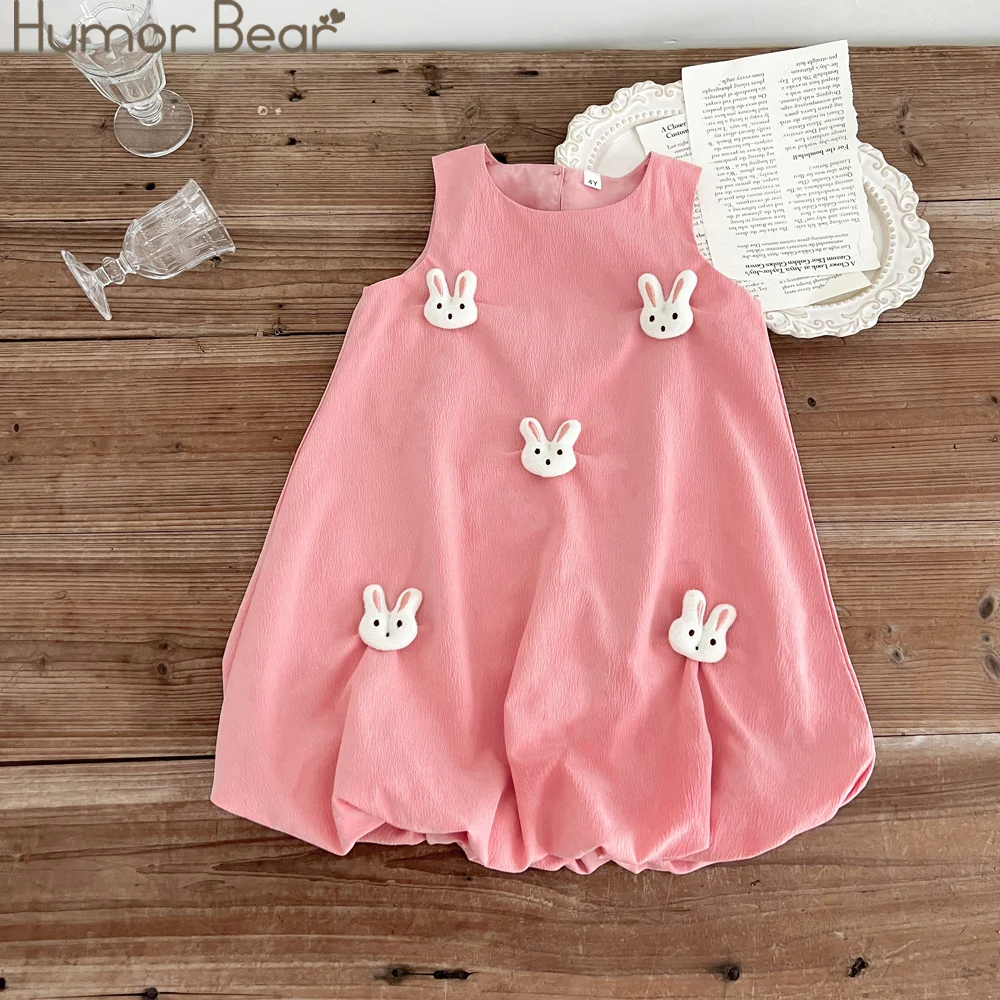 Humor urso verão vestido da menina cor sólida coelho embelezado sem mangas pod vestido moda vestido de princesa bonito crianças roupas