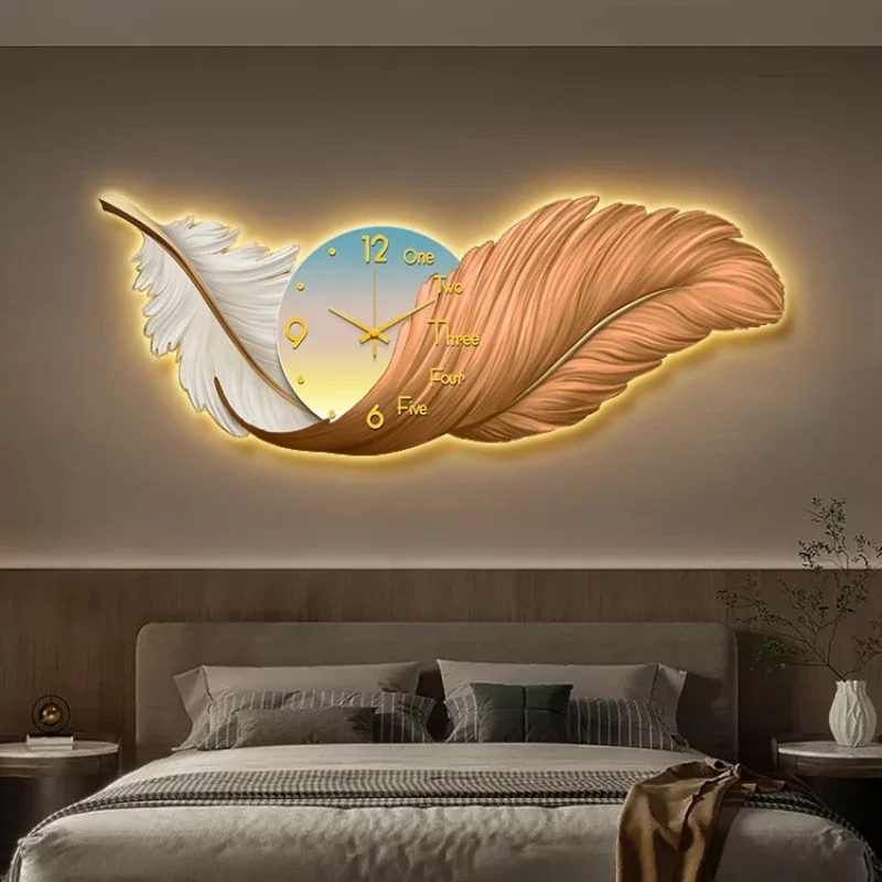 LED Wall Clock Light Luxury Large Art Clocks Living Room Decor Painting Wall Watch Feather Silent Clock Renoj Home Decoration