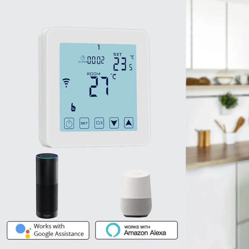 WiFi対応床暖房サーモスタット、ボイラー温水/ソーラー温水器用、7日間制御、16A、EU規格、タッチスクリーン