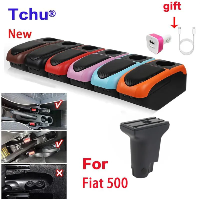 For Fiat 500 Armrest box Interior special Retrofit parts Car Armrest box Center Storage box with cup holder USB Car accessories