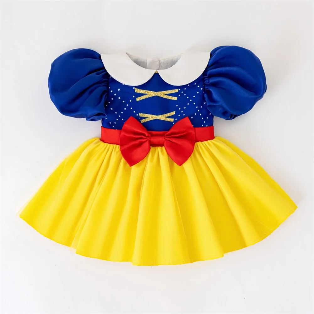 Infant Yellow Snow White Big Bow Dress Baby Christening Crawl Clothes Toddler Climber Birthday Baptism Costume Girl Summer Gown