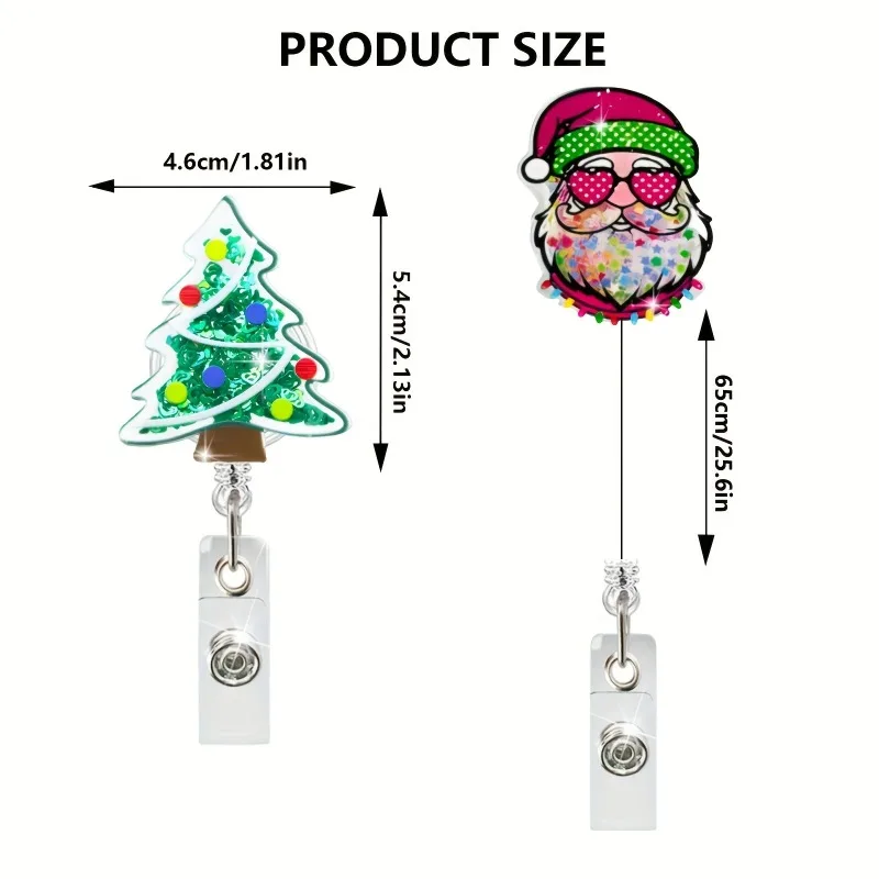 Retractable Christmas Tree Badge Reel Liquid Glitter Snowflake Acrylic Pull Buckle Clip for Worker ID Card Holder