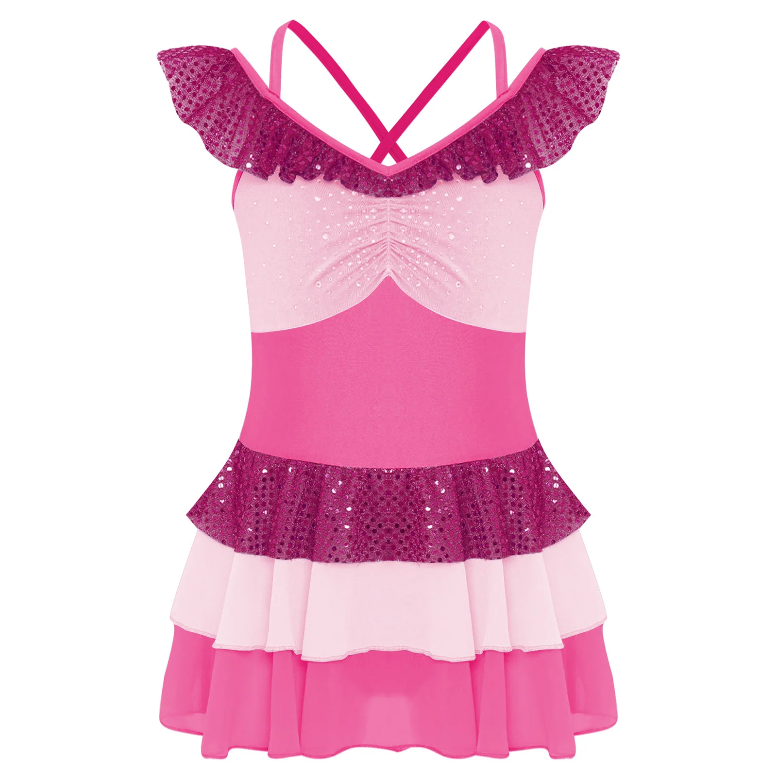 

Kids Girls Ballet Dress Figure Skating Dance Costume Cross Back Sequins Rhinestones Ruched Color Block Tiered Ruffled Dresses