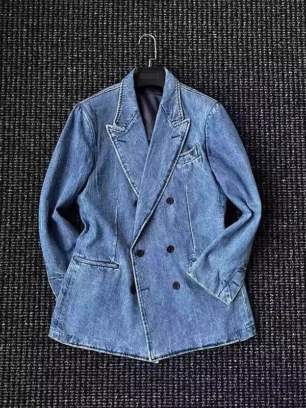 

2025 New Retro Men's Casual Waed Denim Cotton Double Row Buttoned Suit Trendy Busin Sle Stand Fit Long Sve Pure ...