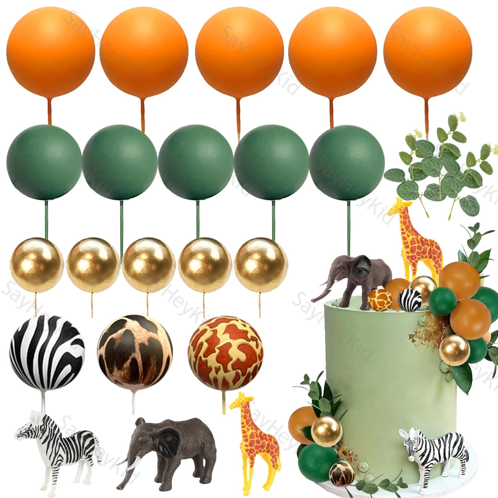 24pcs Safari Animals Cake Decorations Green Orange Balls Cake Toppers for Jungle Wild Birthday Baby Shower Safari Birthday Party