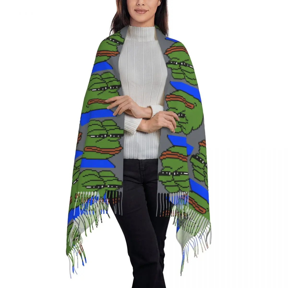 Pepe The Frog Peepo Emote Scarf Tassel Scarves Women Soft Warm Shawls and Wraps Large Fall Winter Shawl Wrap