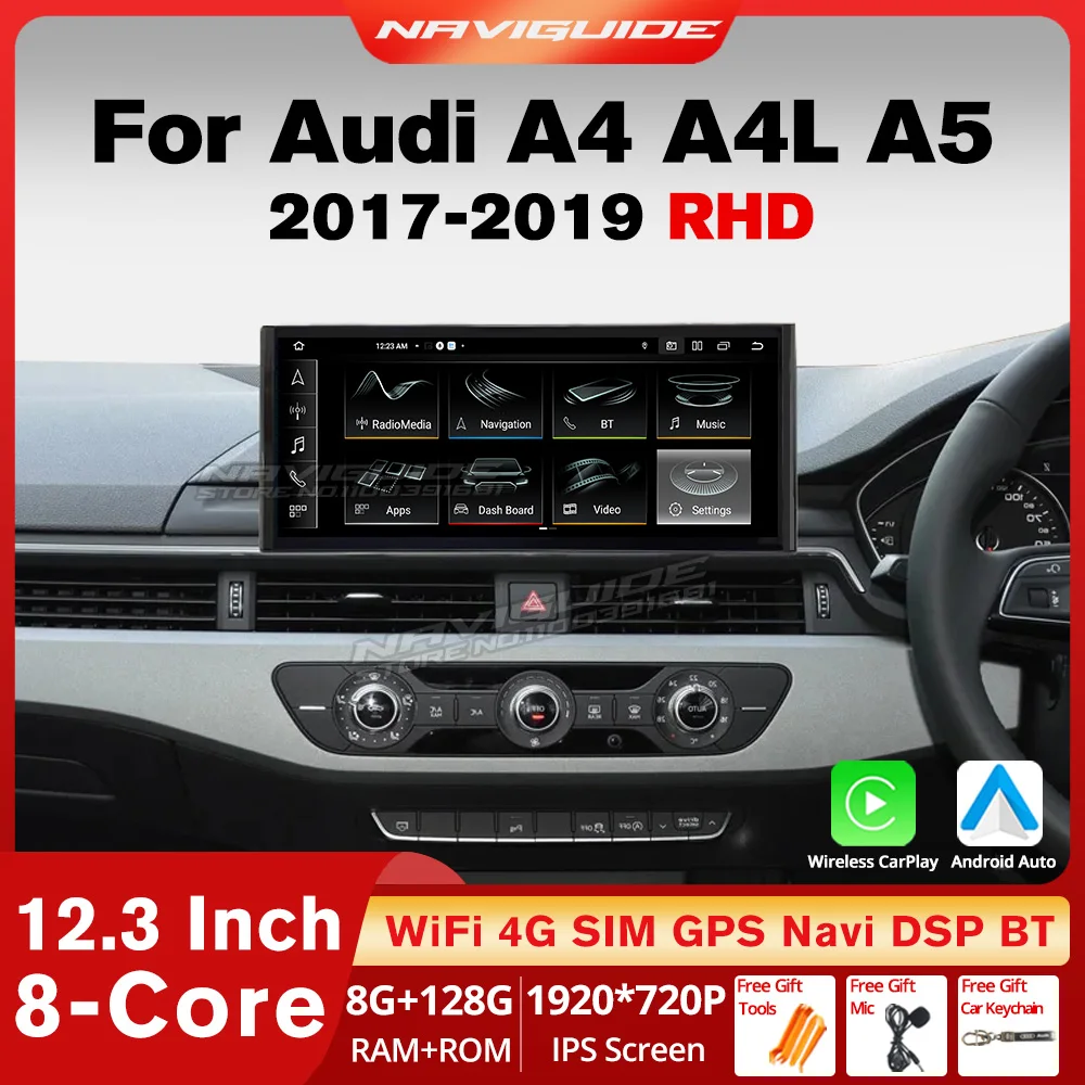 

NAVIGUIDE Android13 Wireless Carpaly Car Radio For Audi A4 A4L A5 RHD 2017-2019 Auto Multimedia Video Player GPS Navi Headunit