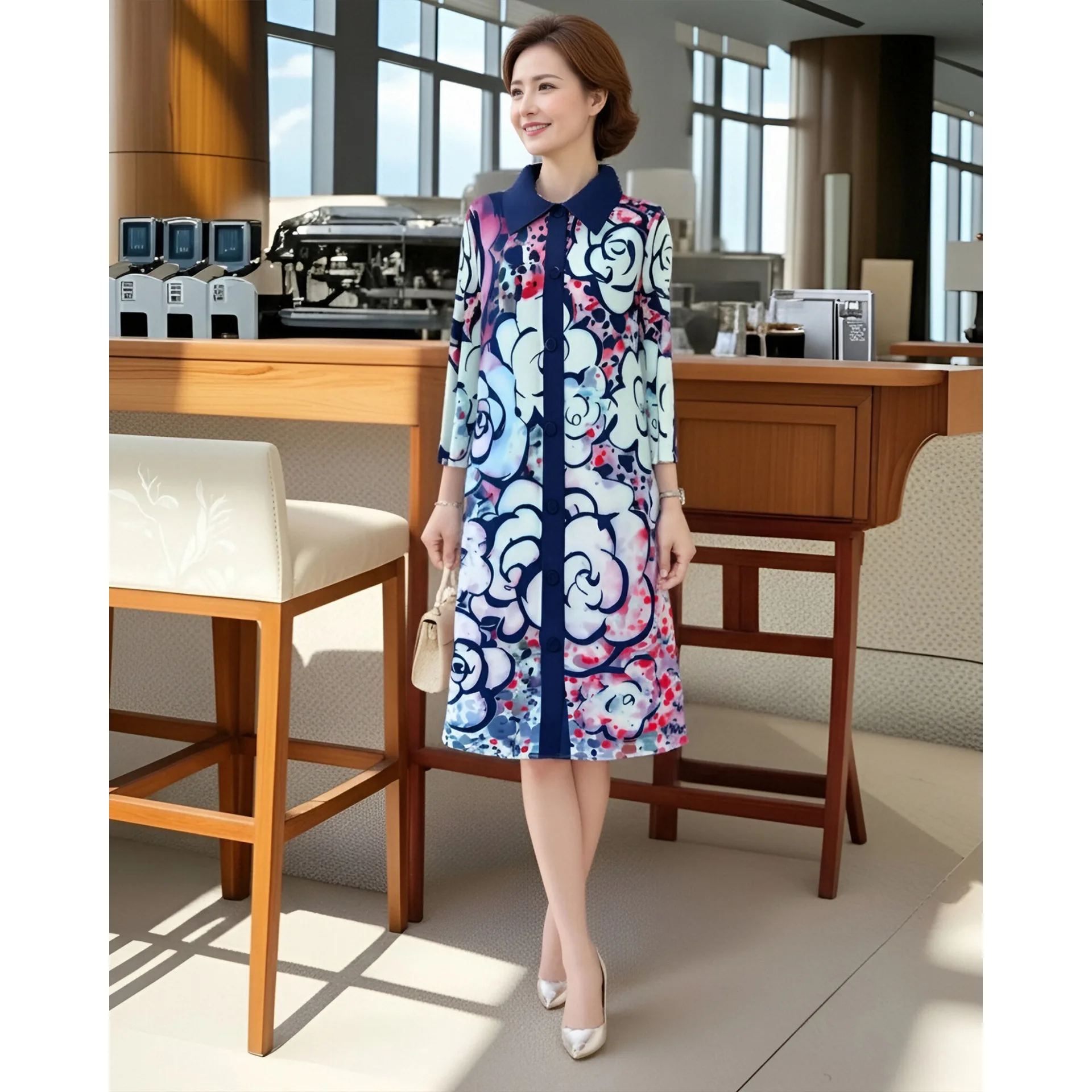 

Miyake Geometry Color Block Print Pleated Dress Women Lapel Single Breasted Loose A-line Mid Length Dresses 2025 Spring New