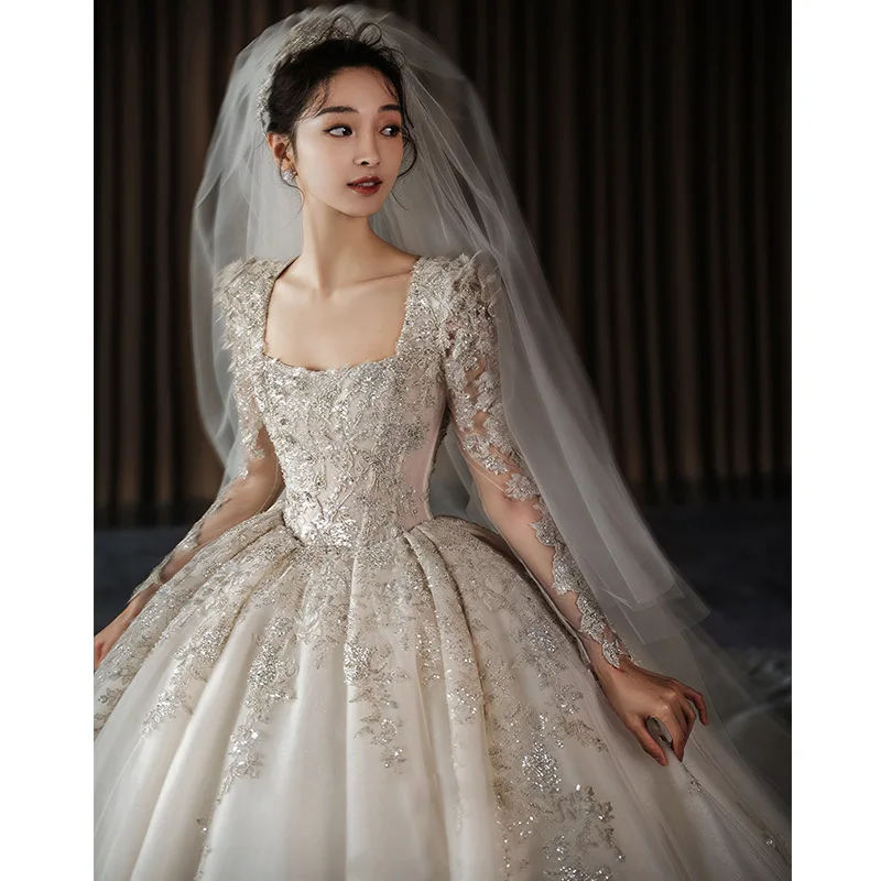 Long Sleeved Satin Main Wedding Dress Bride French Sequin Heavy Industry Hollow Out High-end Small Uterus Court Style Customized