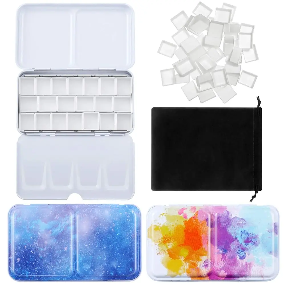 

Металлическая палитра для акварельных красок, набор полукруглых кювет, футляр для красок с крышкой и сумкой для хранения