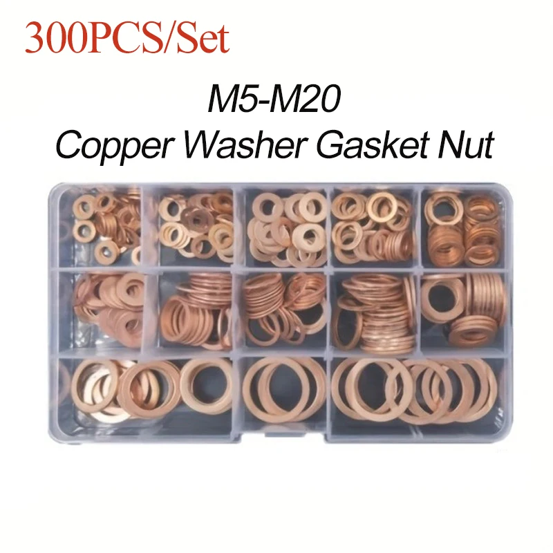 300Pcs Copper Gasket Set Copper Washer Sealing Gasket Flat Ring Seal Assortment Kit M4 M5 M6 M8 M10 M12 M14 M16 M20 Copper Nut