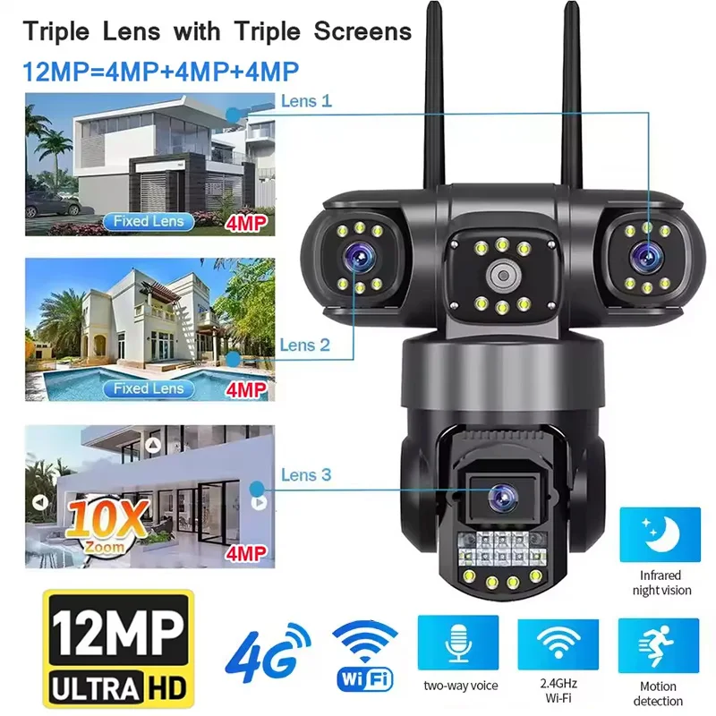 

IP-камера Wi-Fi + карта 64G/128G, 12 МП, 3 шт., линзы и экраны, видеомонитор безопасности, ночное видение, автоматическое отслеживание, IP66, водонепроницаемые камеры видеонаблюдения