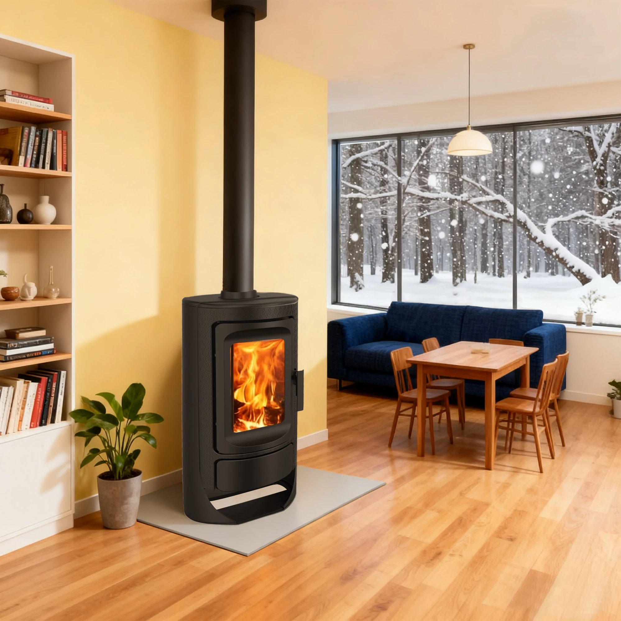 Durable Cast Iron Indoor Heating Round Wood Burning Stove  Wood Heater with  Log Storage