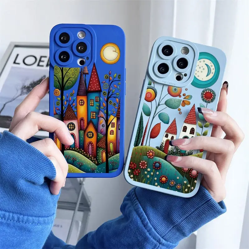 Hand Painted Forest House Phone Case For iphone14 Pro Max Plus 13 12 Pro Max 11 X XR XS 7 8 Plus SE 2020 Soft Silicon Back Cover